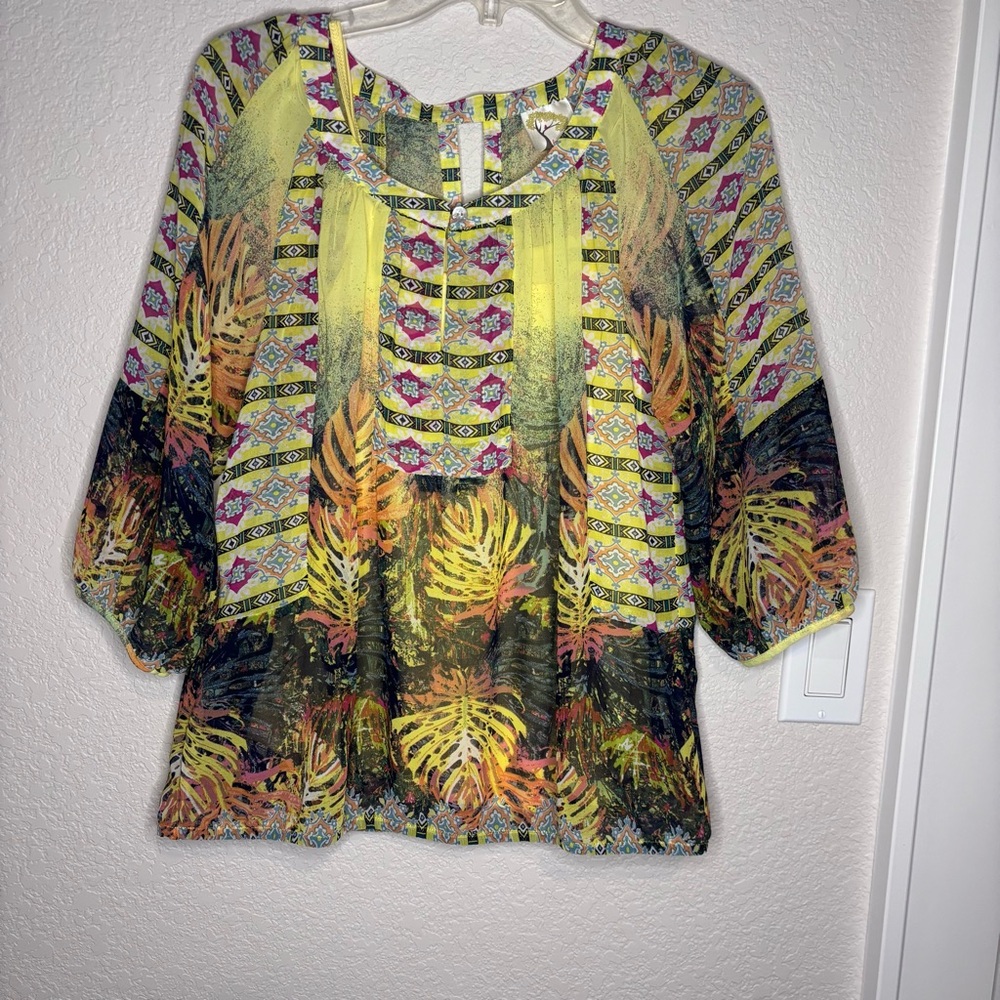 Fig and‎ Flower Yellow and Green Graphic Blouse, Boho